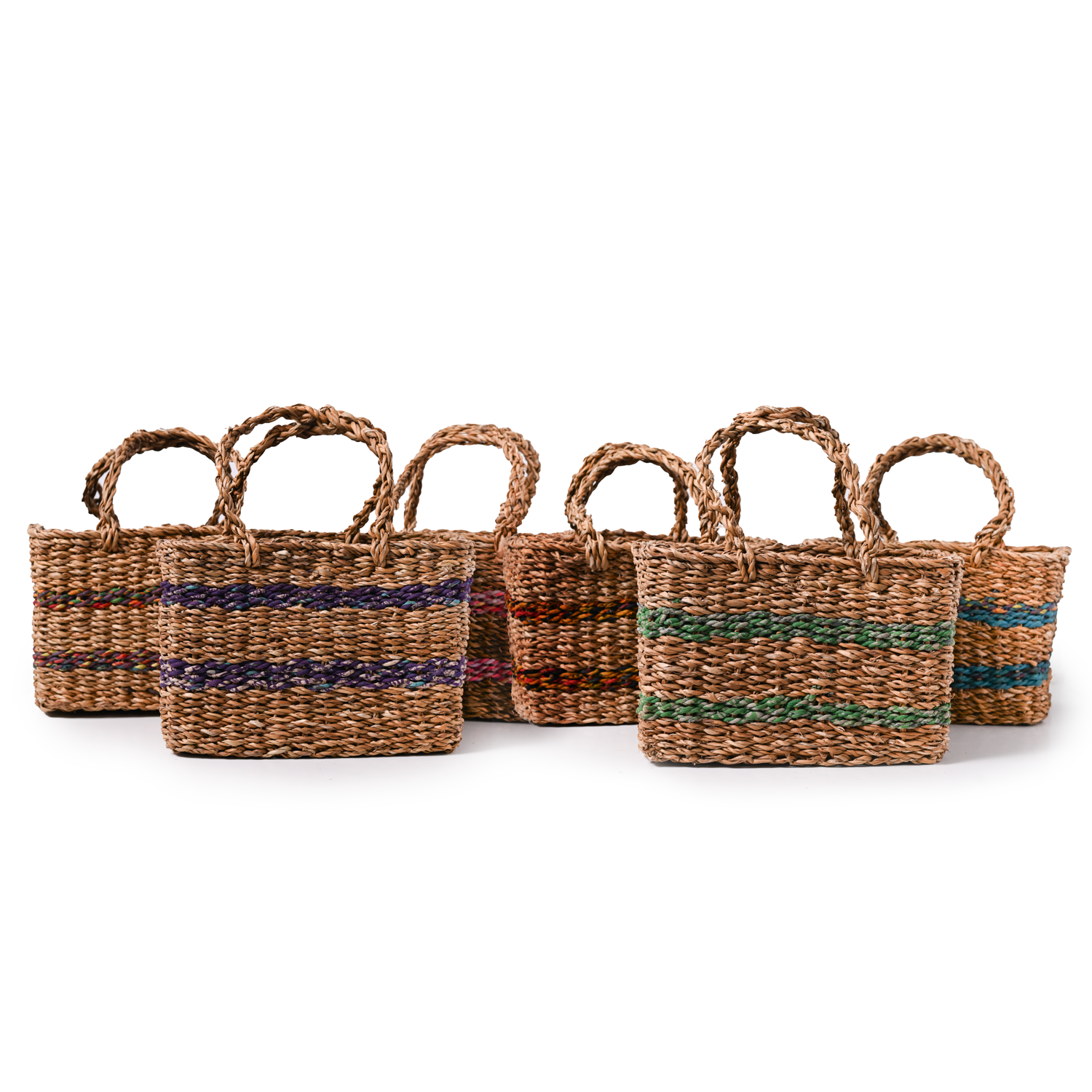 Six woven brown baskets, each with two stripes of either blue, green orange, or red.
