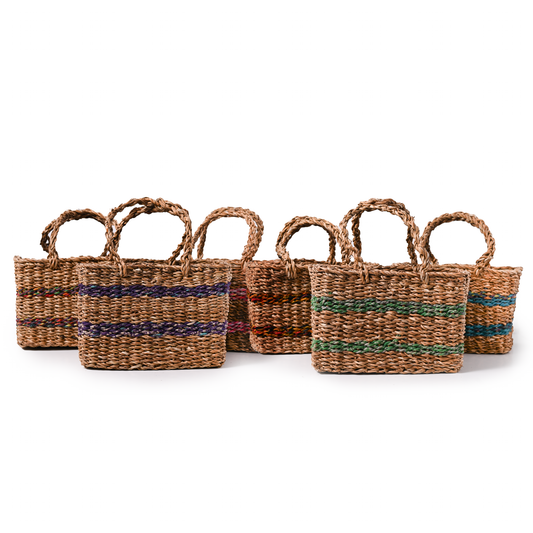 Six woven brown baskets, each with two stripes of either blue, green orange, or red.