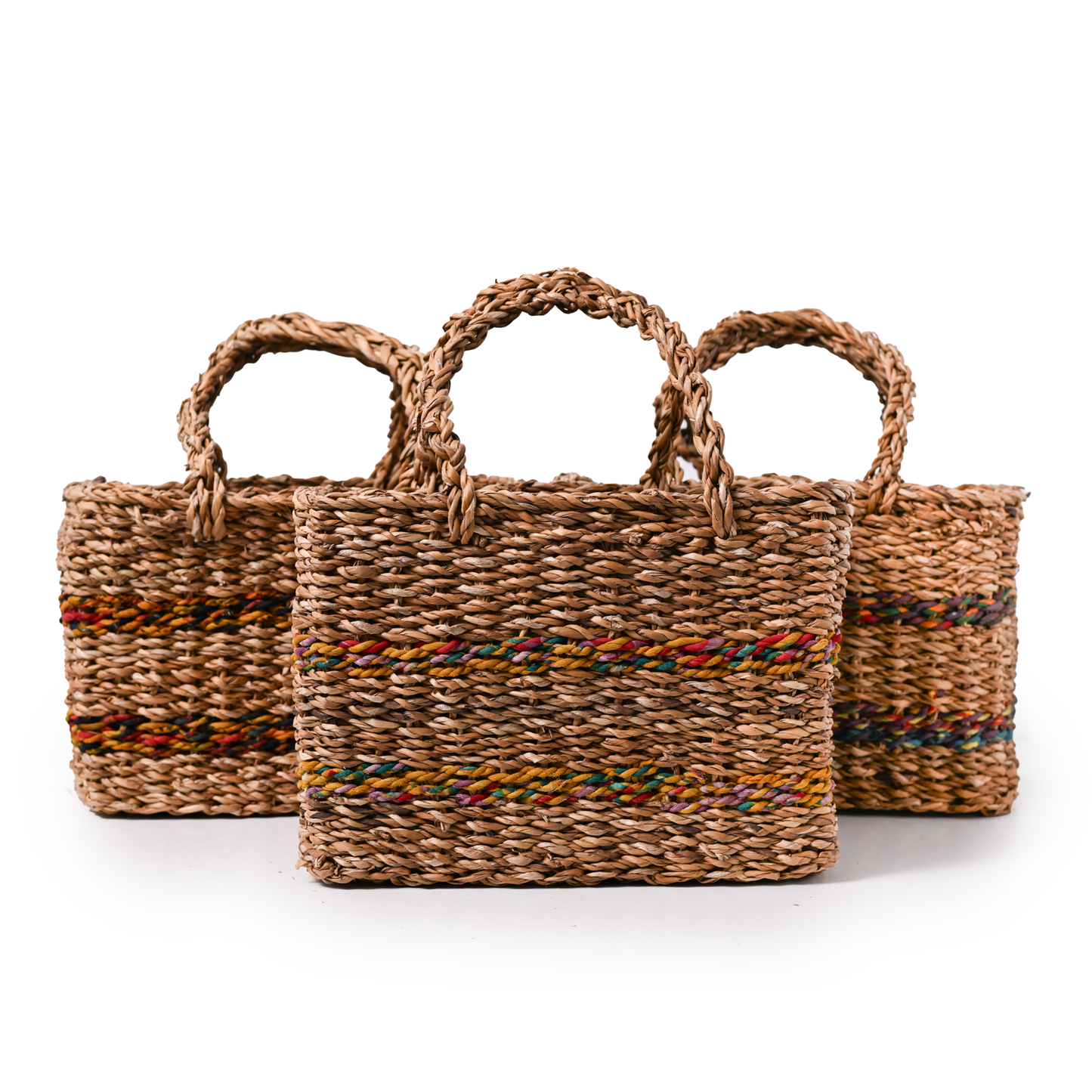 Three woven brown baskets, each with two multi-colored stripes.