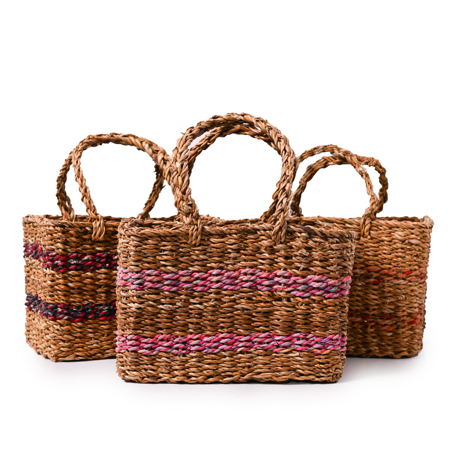Three woven brown baskets, each with two multi-colored stripes.