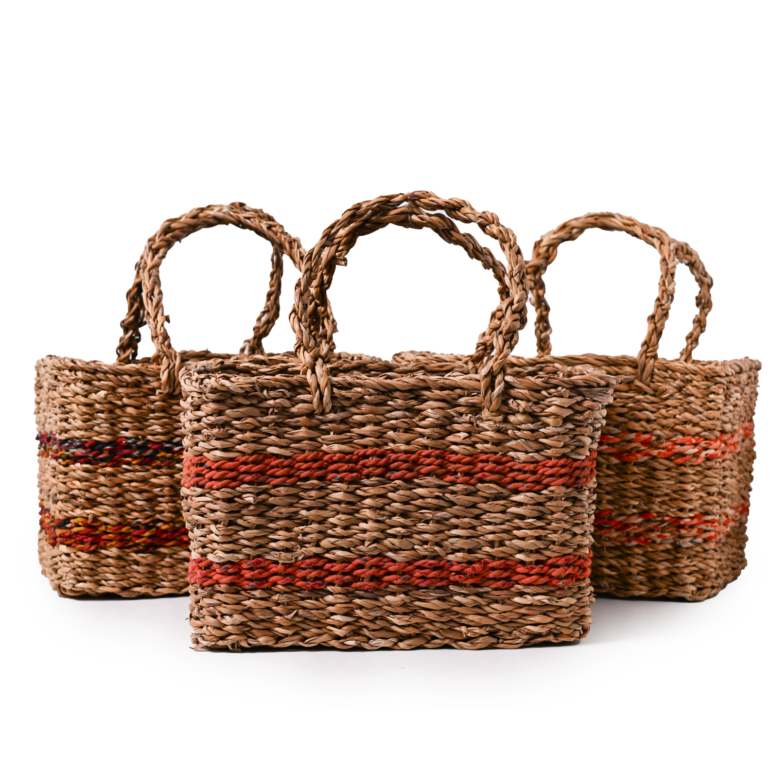Three woven brown baskets, each with two orange, red or brown stripes.