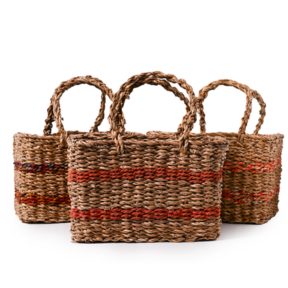 Three woven brown baskets, each with two orange, red or brown stripes.