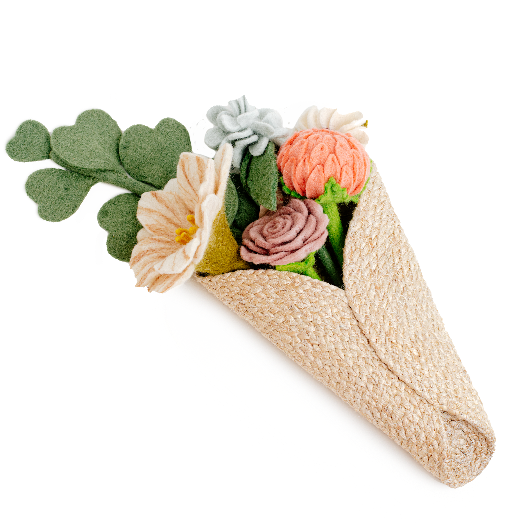 Brown woven wall vase with flowers, tilted to left.