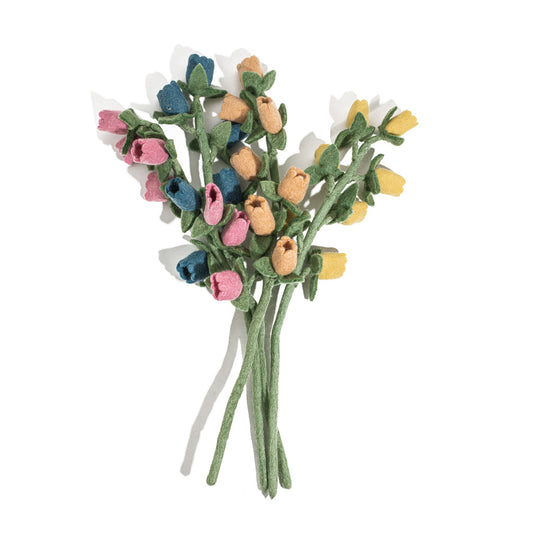 Bunch of felt Bellflowers in pink. blue, blush, and yellow.