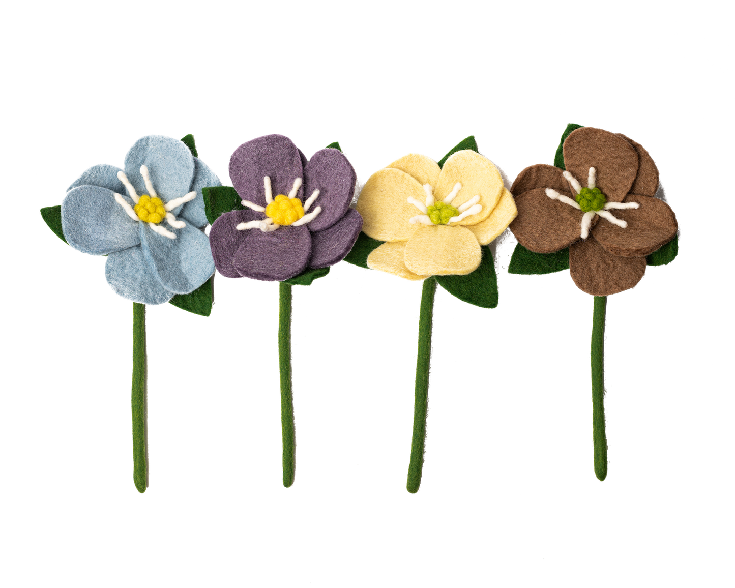 Felt Hepatica flowers in blue, purple, yellow, and brown next to each other in a line.