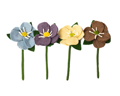 Felt Hepatica flowers in blue, purple, yellow, and brown next to each other in a line.