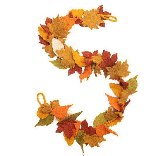 Felt garland of fall Maple leaves in red, orange, yellow, and green.