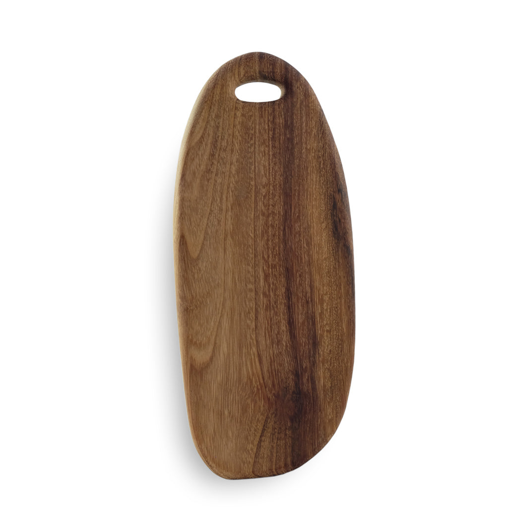 Brown wood oval serving board vertical.