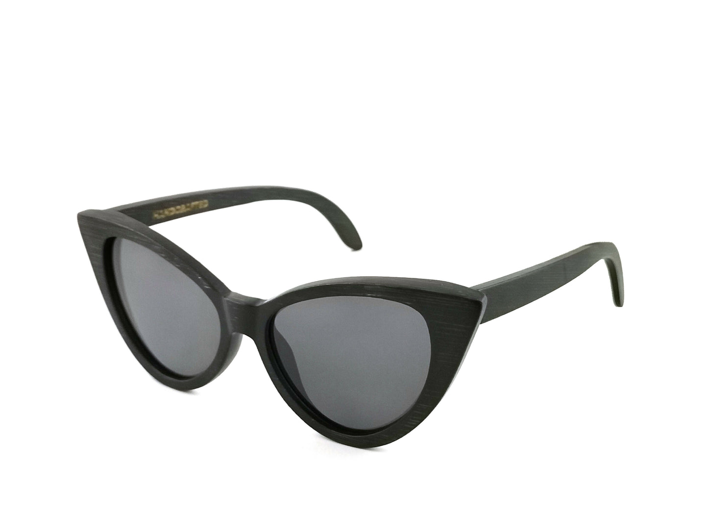 Diagonal view of black bamboo cat eye sunglasses with black lenses.