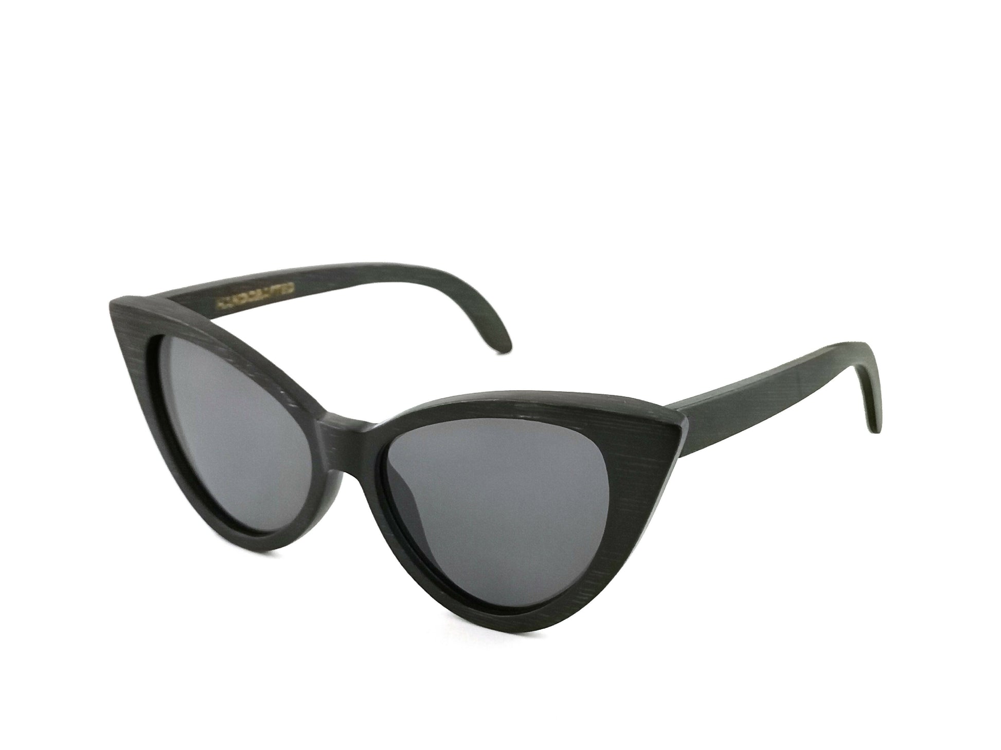 Diagonal view of black bamboo cat eye sunglasses with black lenses.