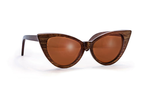 Bamboo frame cat eye sunglasses with dark brown frame and lenses.