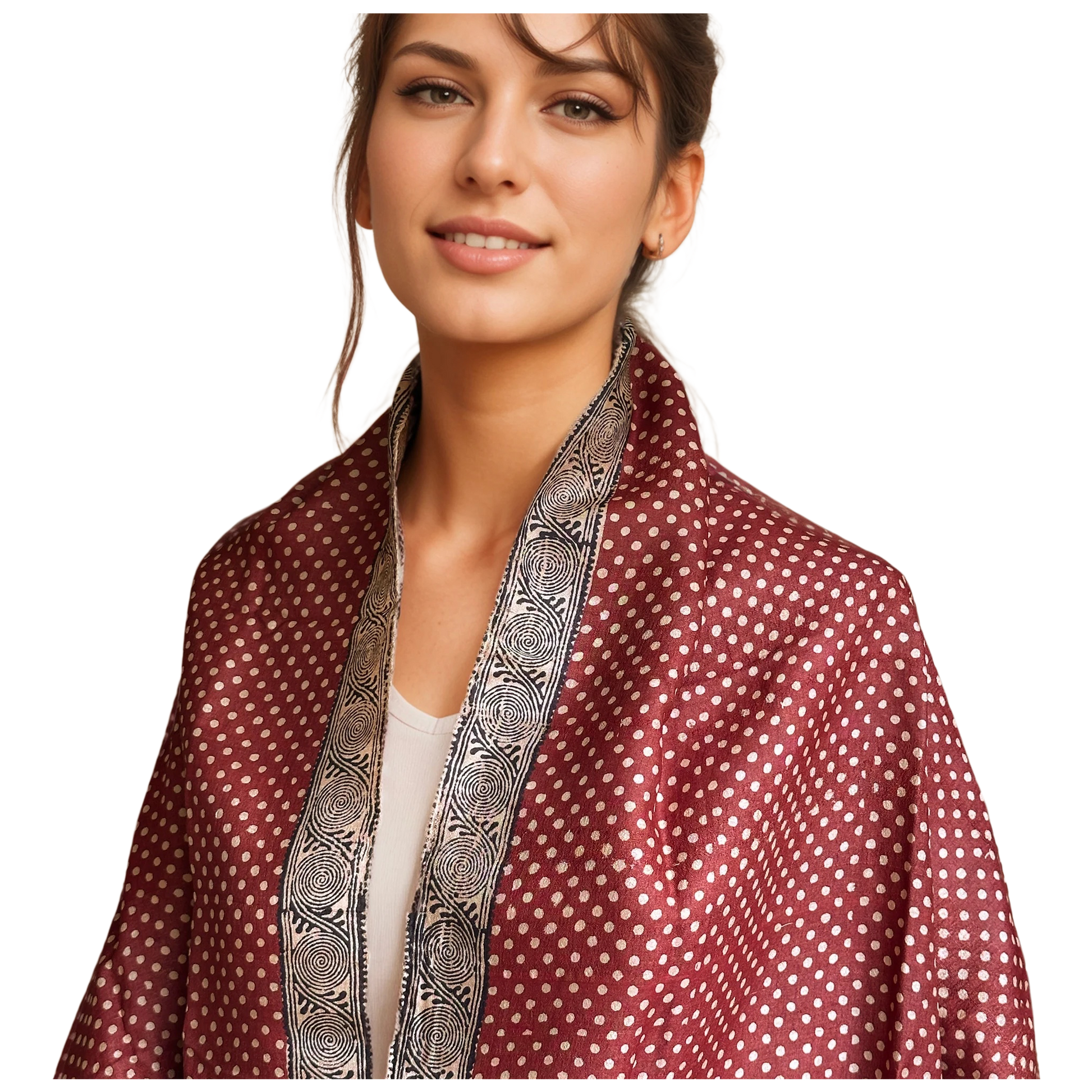 Front view of woman in natural polka dot with red background stole with black accents.