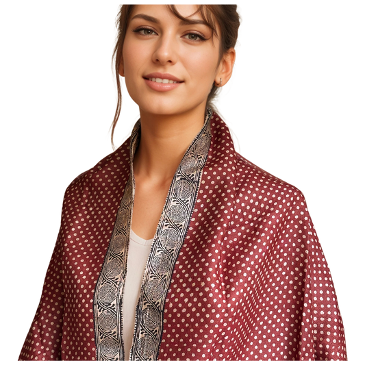 Front view of woman in natural polka dot with red background stole with black accents.