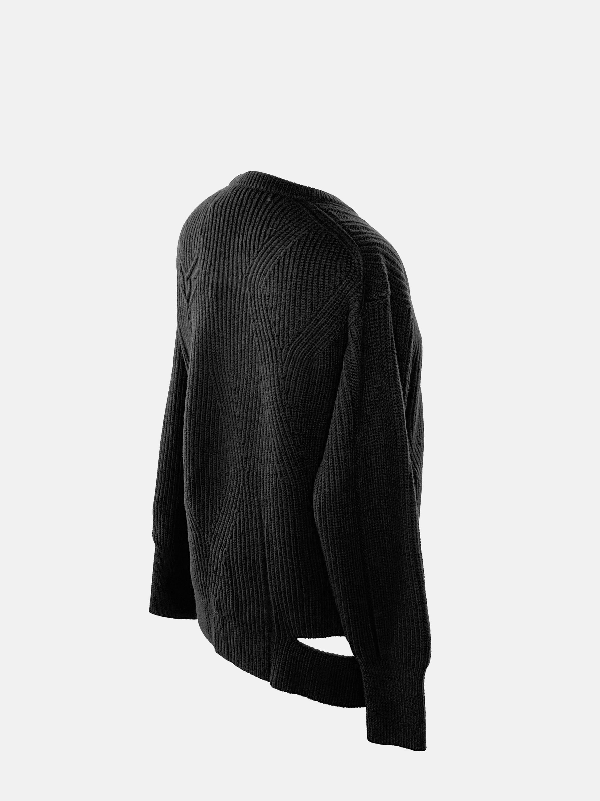 Side view of black asymmetric crewneck sweater.