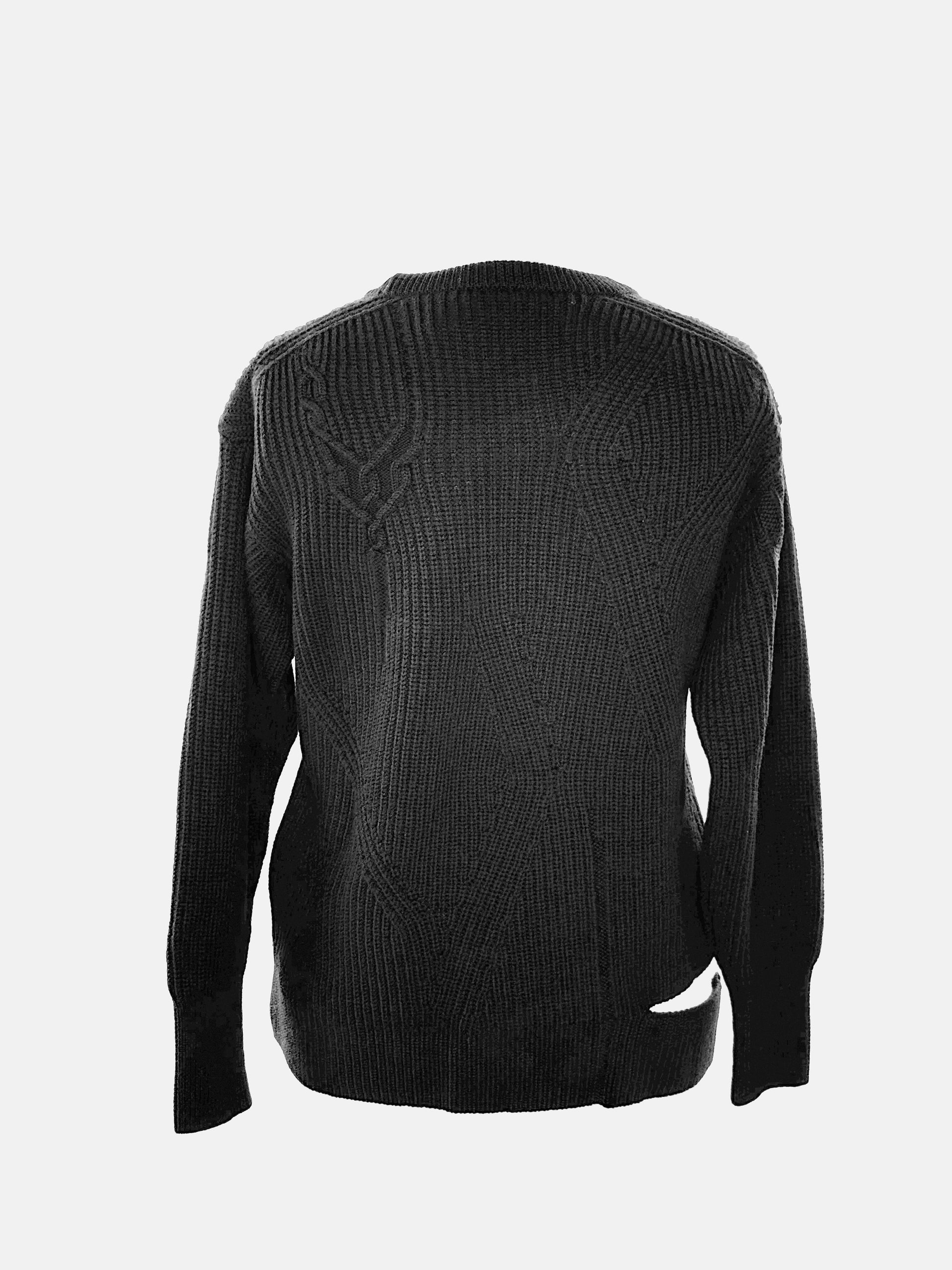 Back view of black asymmetric crewneck sweater.