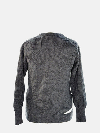 Back view of Grey asymmetric crewneck sweater.