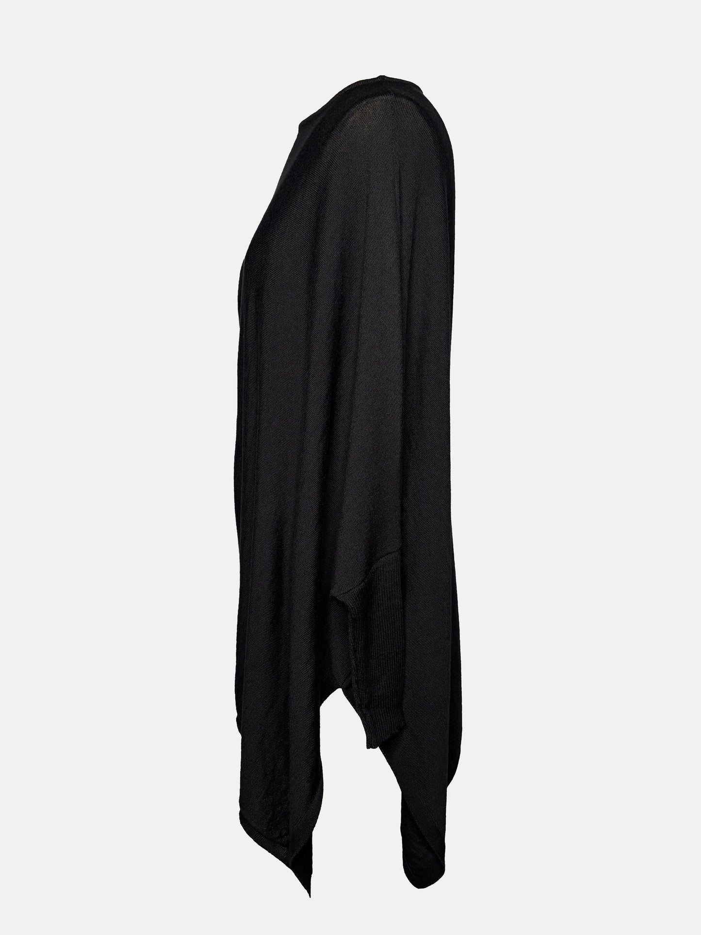 Side view of Black drapey boatneck sweater.