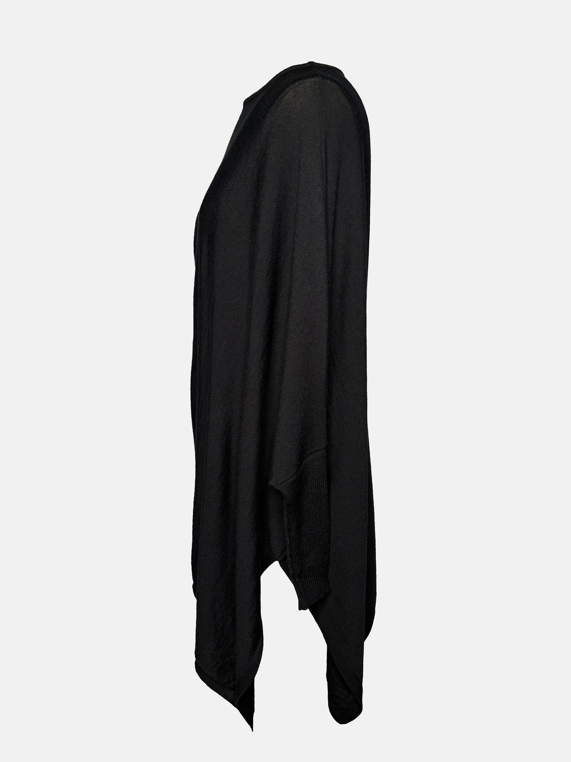 Side view of Black drapey boatneck sweater.