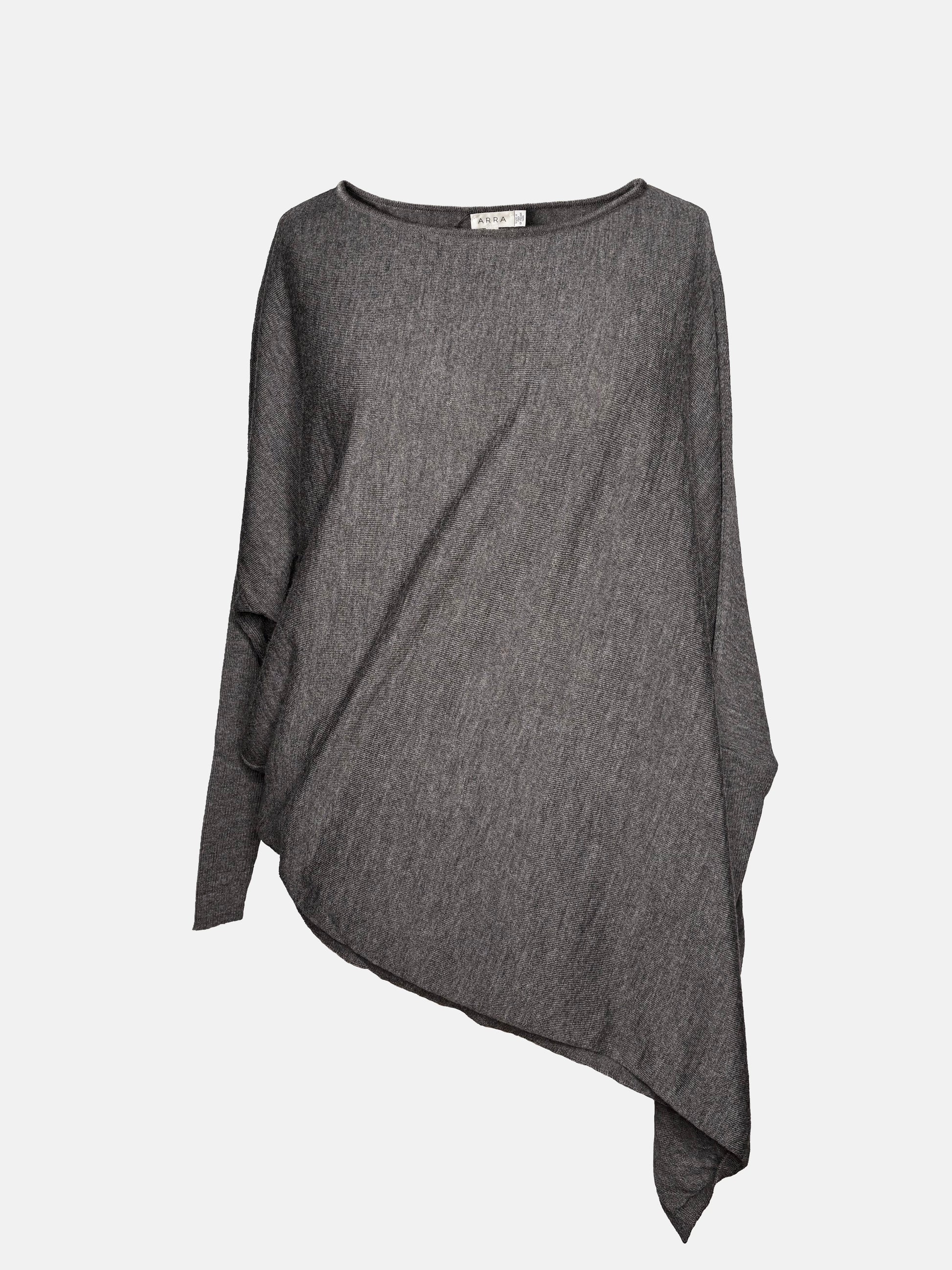 Front view of grey drapey boatneck sweater.