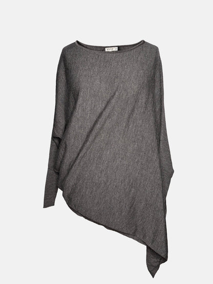 Front view of grey drapey boatneck sweater.