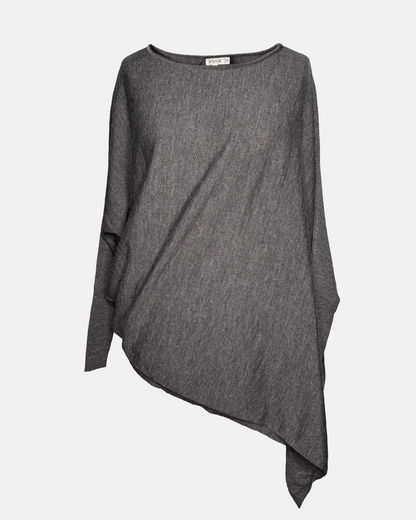 Front view of grey drapey boatneck sweater.