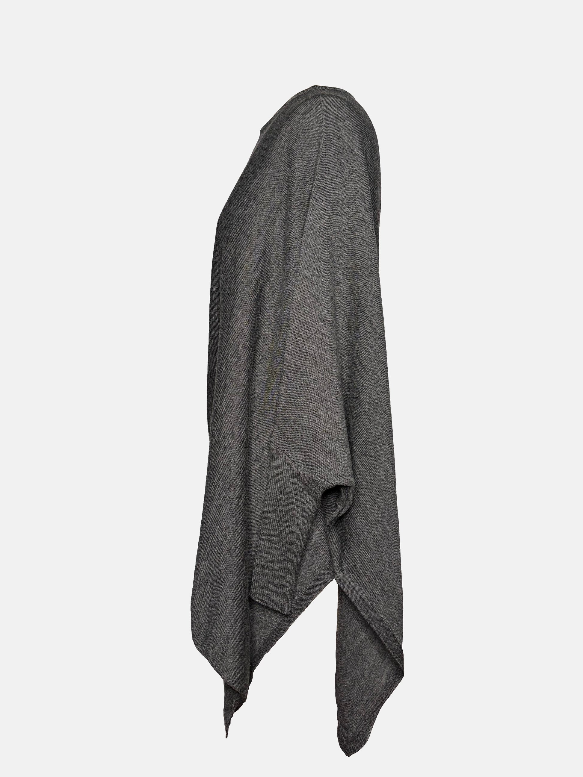 Side view of grey drapey boatneck sweater.