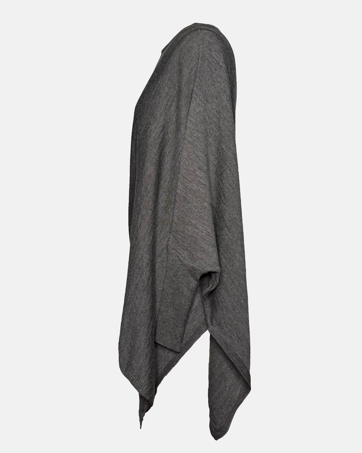 Side view of grey drapey boatneck sweater.