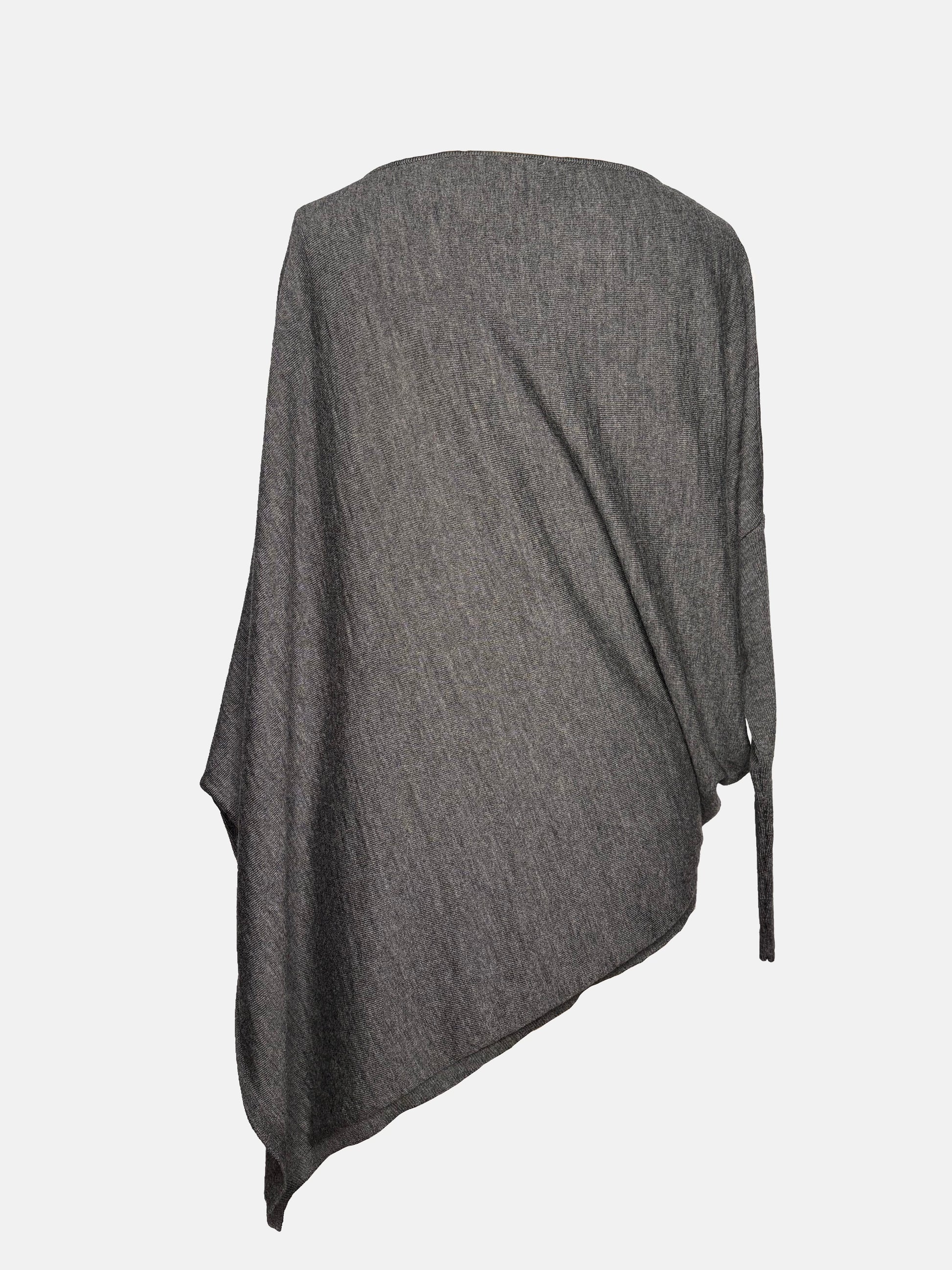 Back view of grey drapey boatneck sweater.