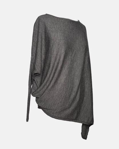 Front view of grey drapey boatneck sweater.