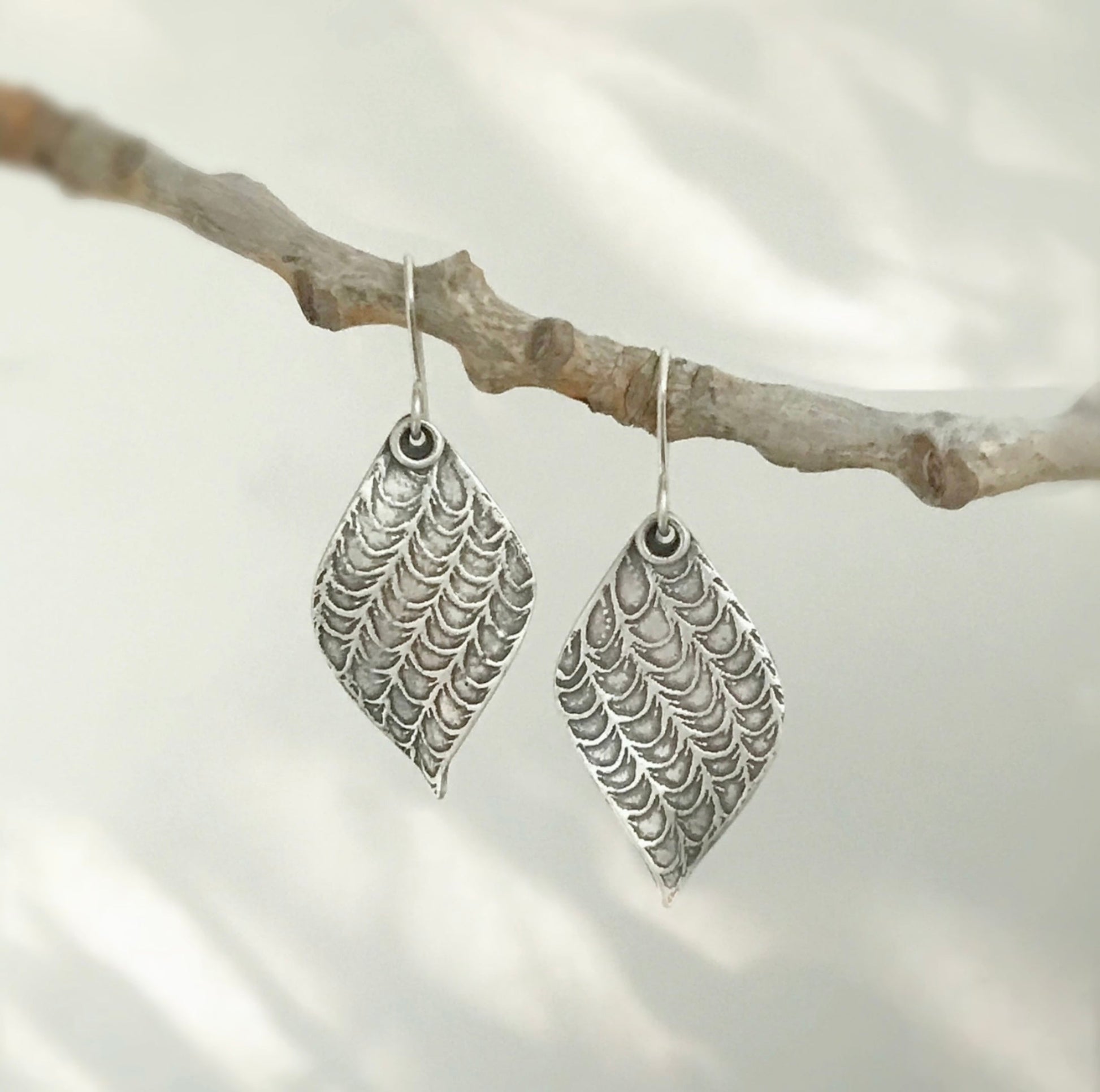 Pair of silver leaf earrings hanging from branch.