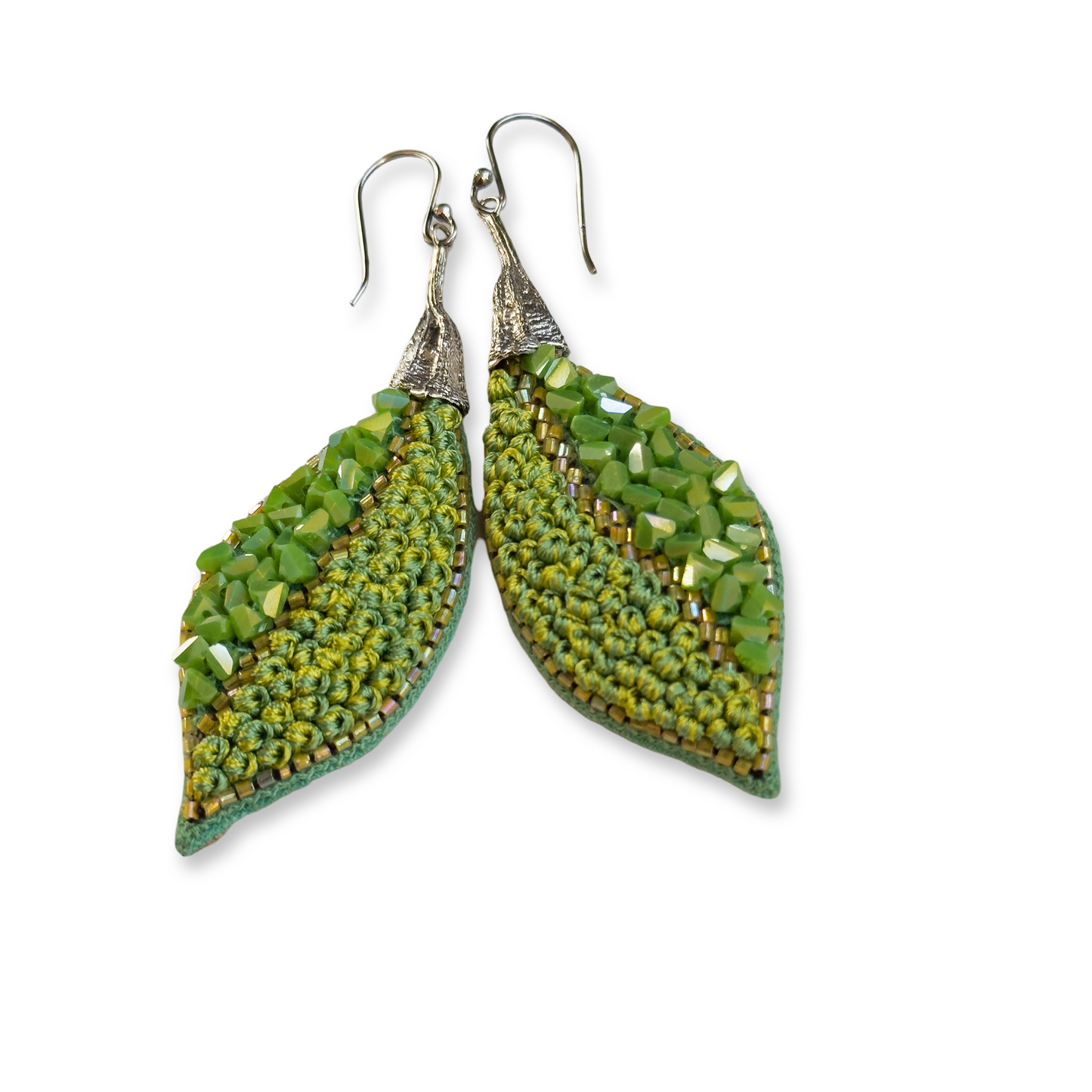 Pair of leaf shaped green glass bead earrings with silver findings.
