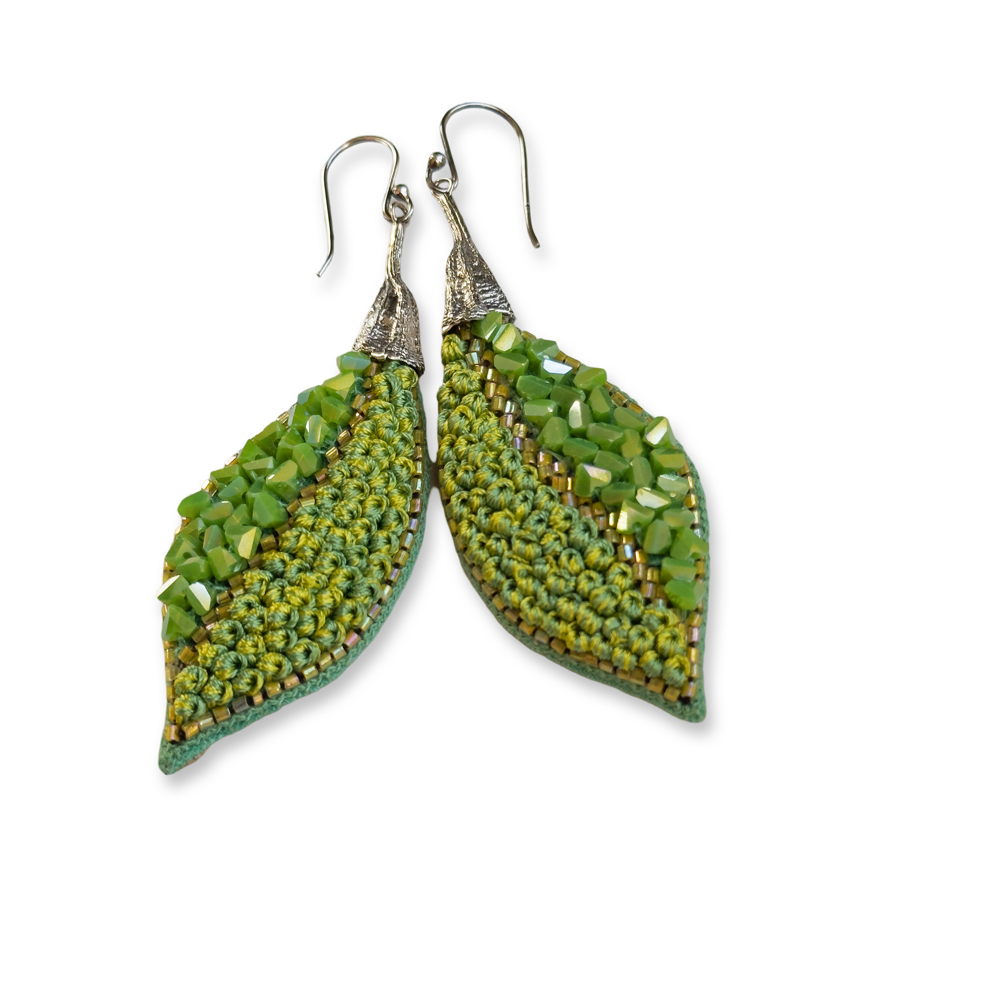Pair of leaf shaped green glass bead earrings with silver findings.