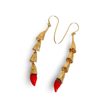 Pair of red and gold chili pod earrings with gold plated findings.