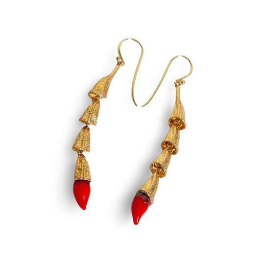 Pair of red and gold chili pod earrings with gold plated findings.