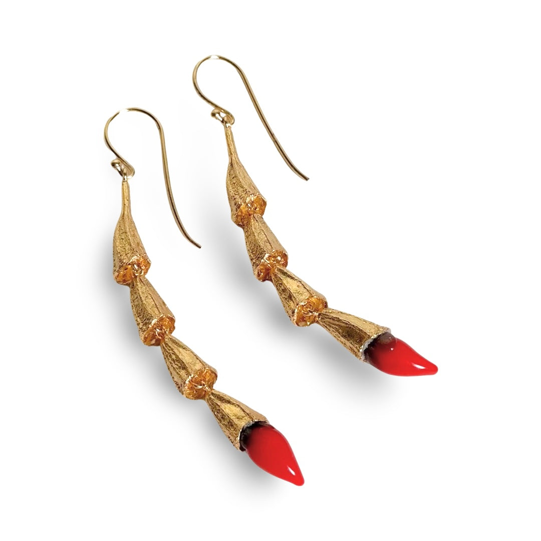 Pair of red and gold chili pod earrings with gold plated findings.