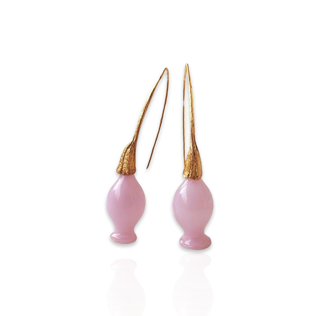 Pair of pink glass earrings with gold plated findings.
