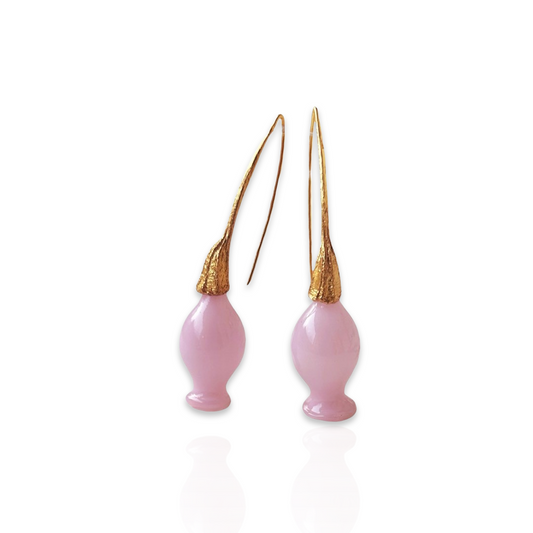 Pair of pink glass earrings with gold plated findings.