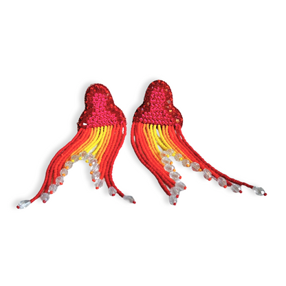 Pair of red, orange, yellow tassel earrings.