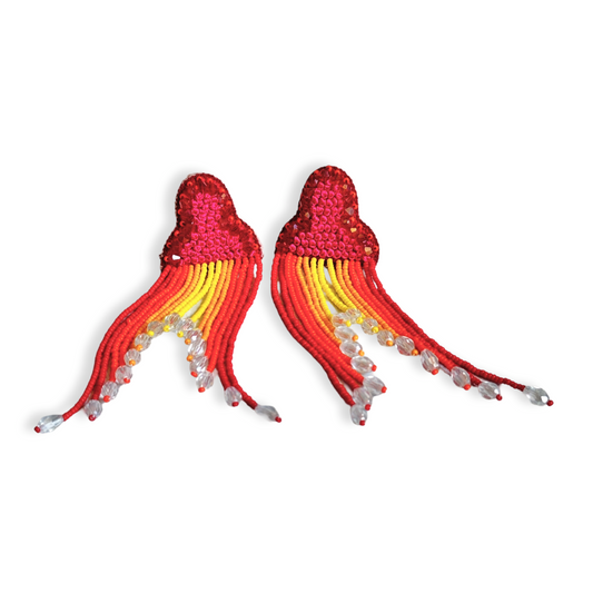 Pair of red, orange, yellow tassel earrings.