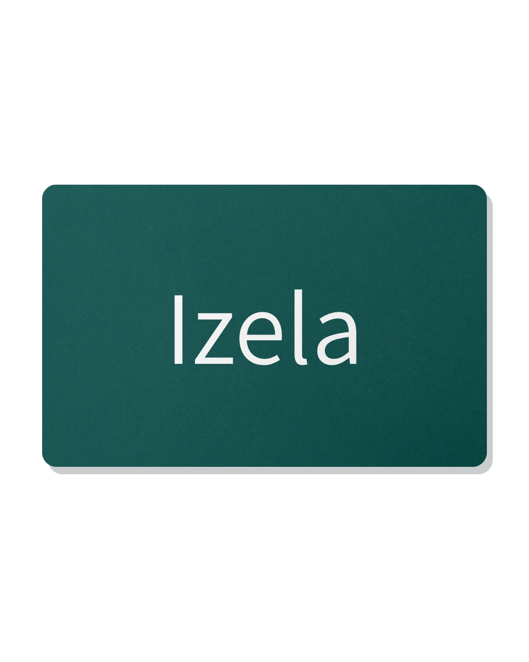 Green gift card with 'Izela' text in white on a white background.