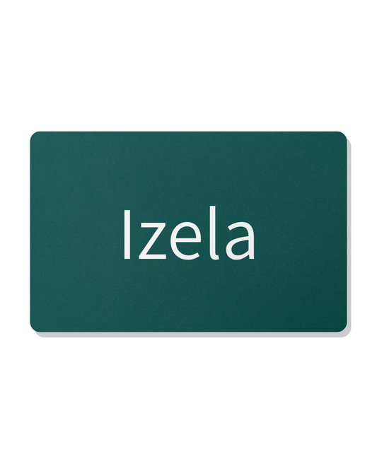 Green gift card with 'Izela' text in white on a white background.