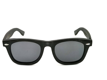 Bamboo wayfarer style sunglasses in black with black lenses.