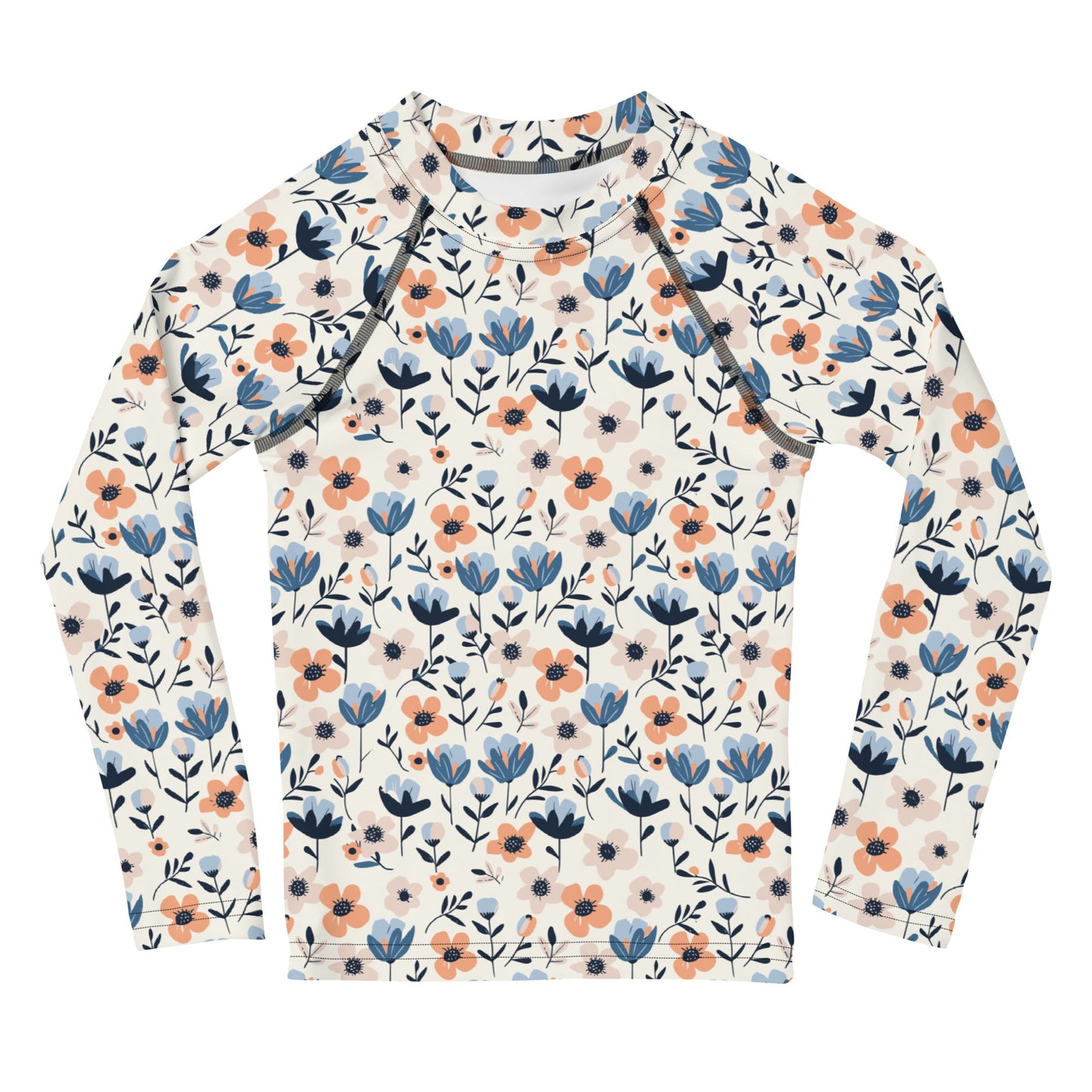 A kids’ rash guard with vibrant pastel flowers, offering UPF 50+ protection and breathable fabric for outdoor play.