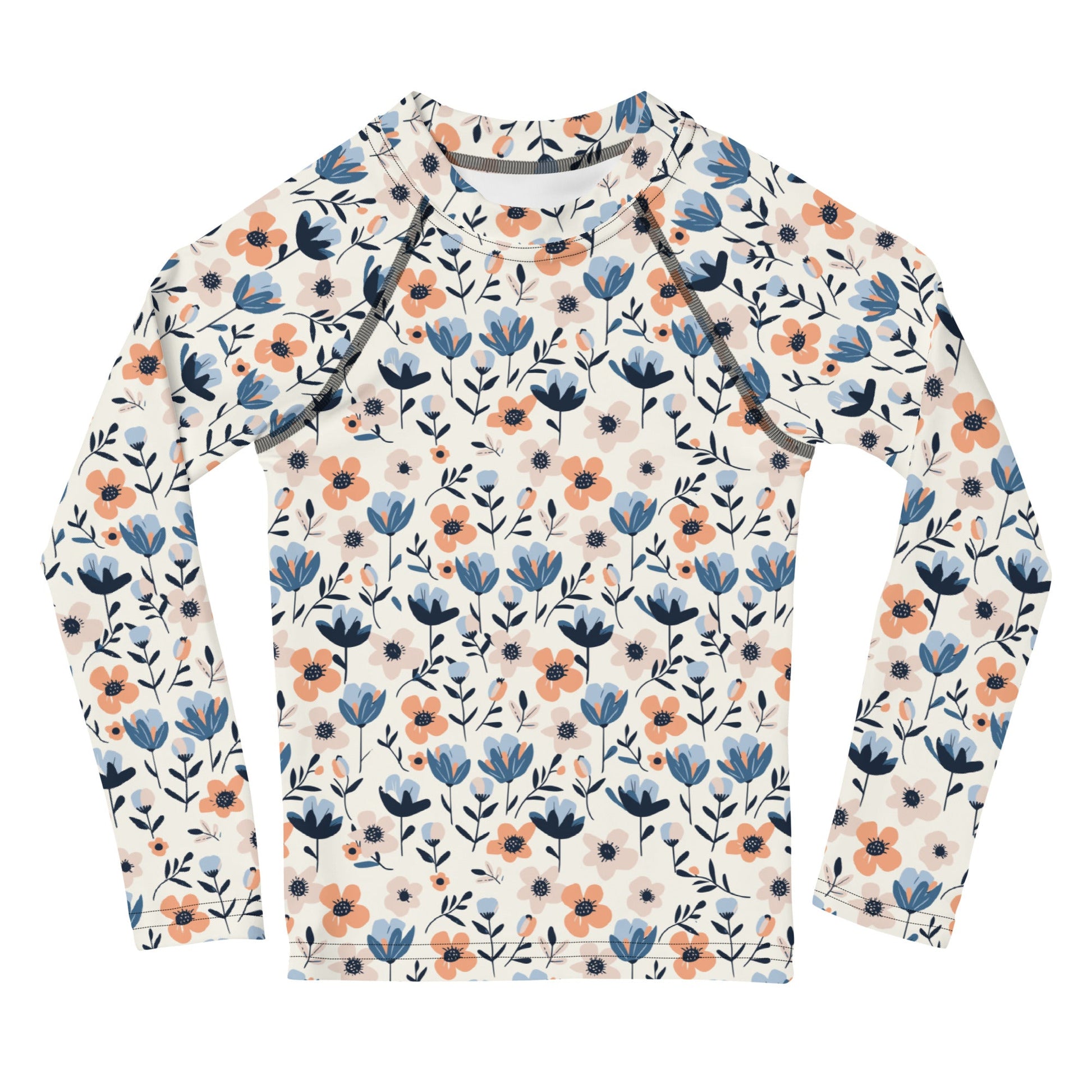 A kids’ rash guard with vibrant pastel flowers, offering UPF 50+ protection and breathable fabric for outdoor play.