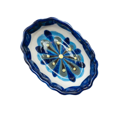 Blue and white painted oval tapas bowl.