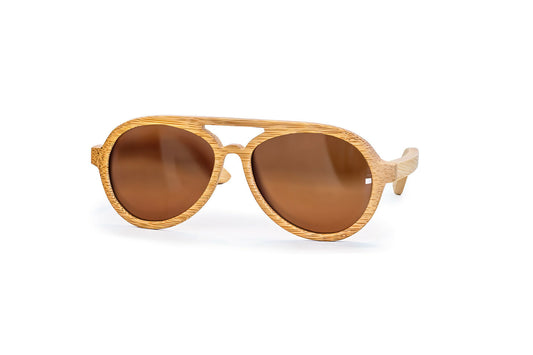 Avion style natural colored bamboo sunglasses with amber lenses.