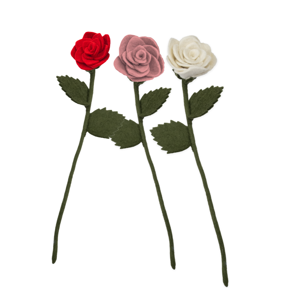 Three felt roses in red, pink, and white on green stems with leaves against a white background, all handmade by women artisans in Nepal | Global Goods Partners