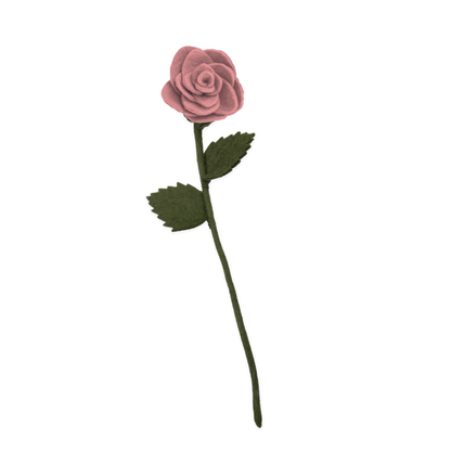 Pink felt rose with green stem and leaves on a white background | Global Goods Partners