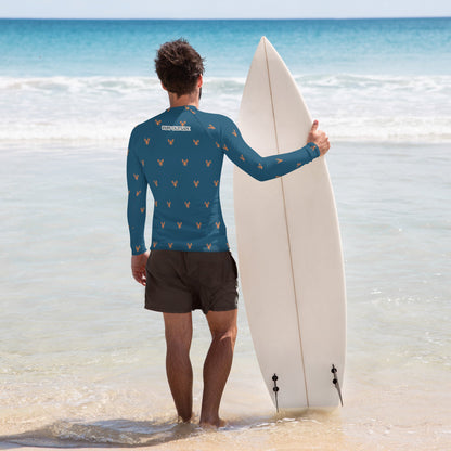 A men’s rash guard featuring bold red lobster prints on a navy blue background, shown from the front. Family Matching