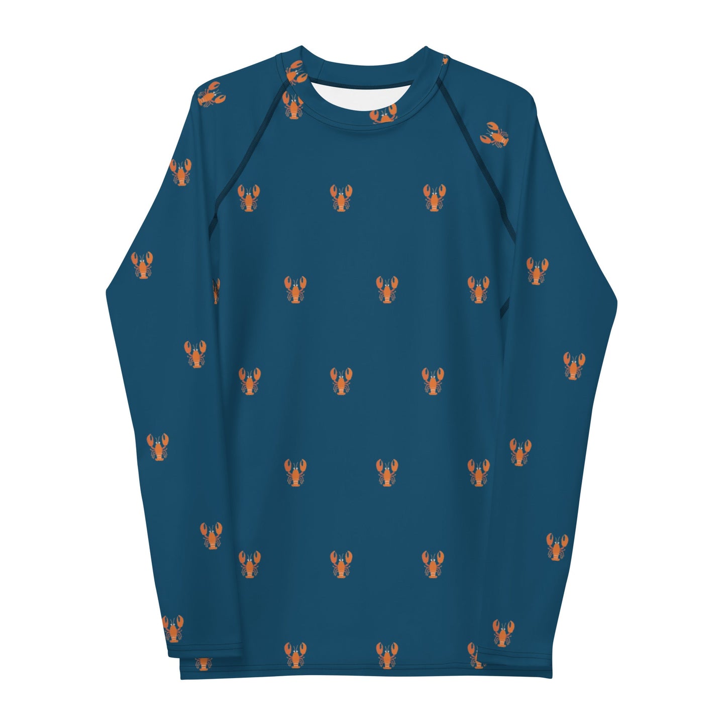 A close-up of a lobster-themed rash guard, featuring bright red lobsters on a navy background, displayed flat.